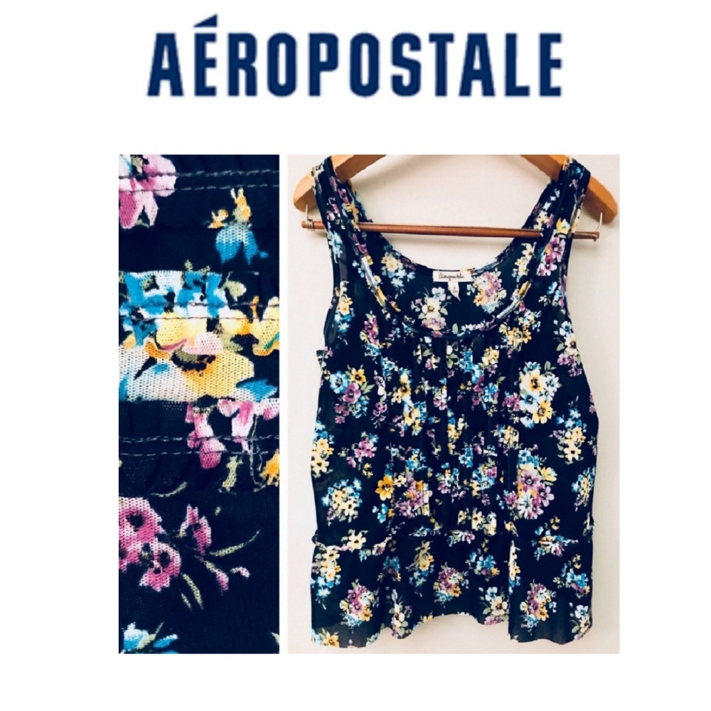 Aeropostale Floral Ruffle Tank Blouse-Sz: L -Blue